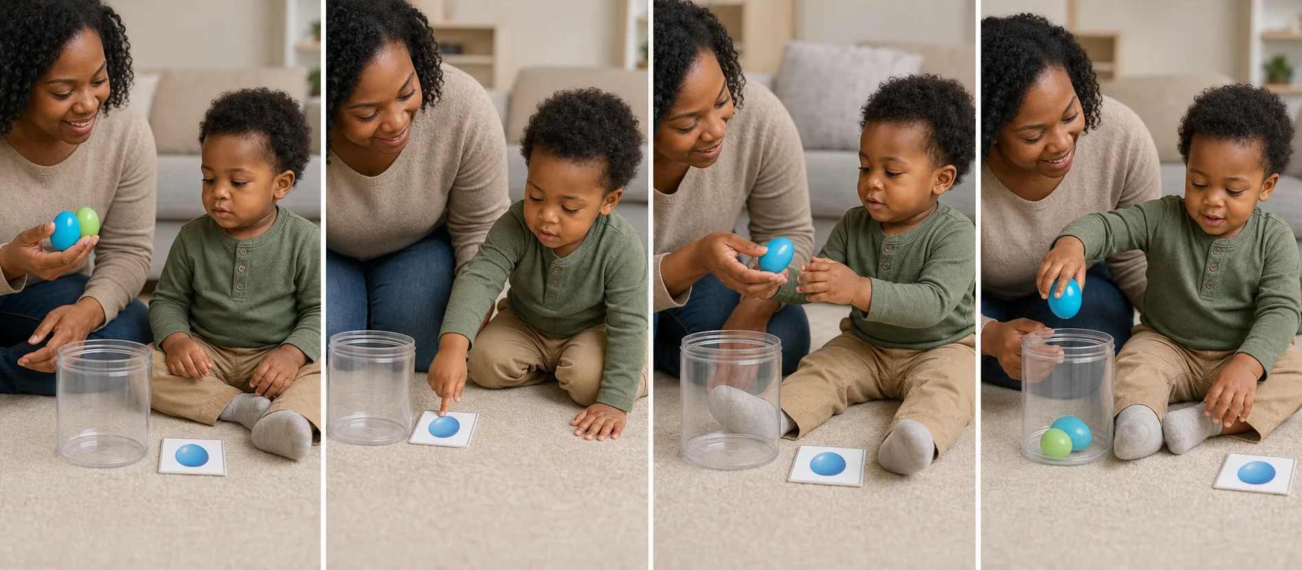 Four panels showing a grown-up setting out a picture cue and container, a child touching the picture, the grown-up handing over one egg, and the child dropping it into the container.