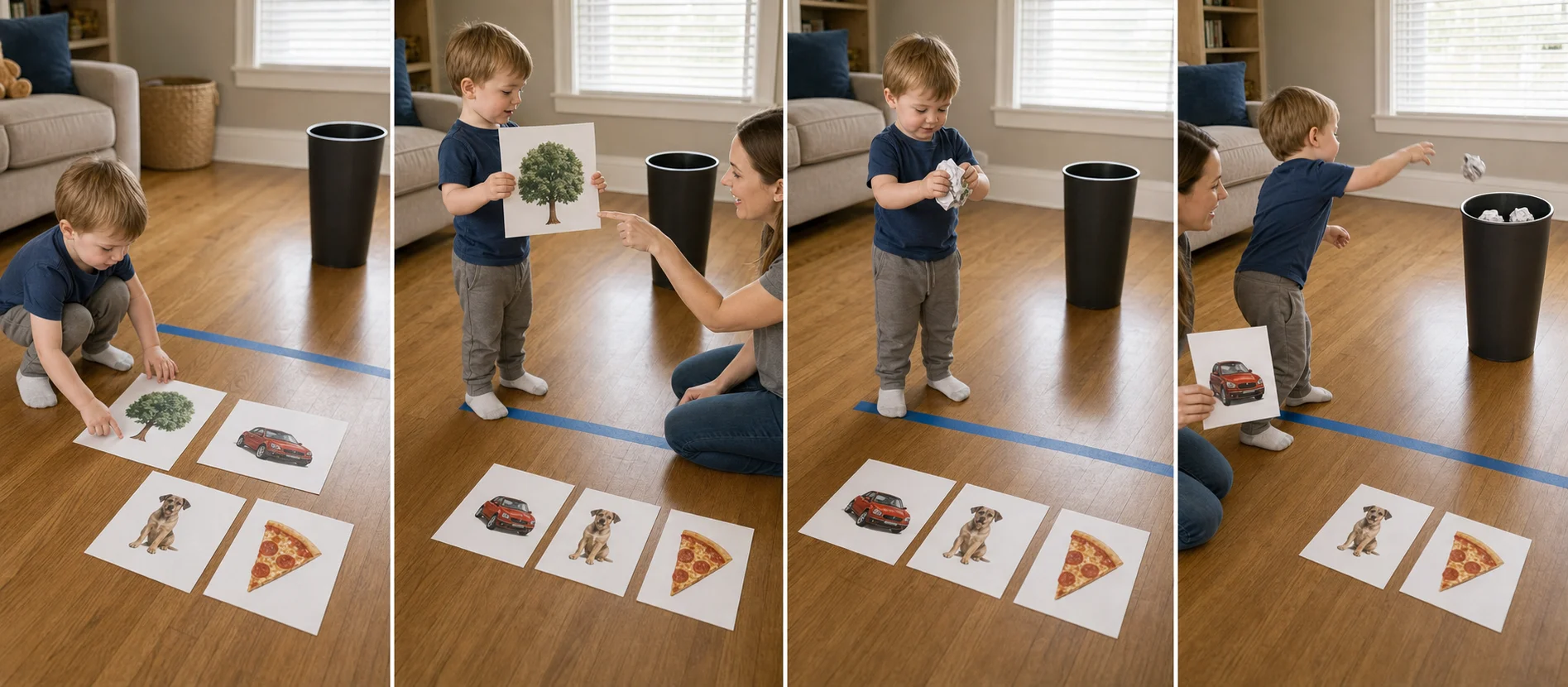 A child choosing a picture, describing it with a grown-up, crumpling the page, and tossing it into a wastebasket.