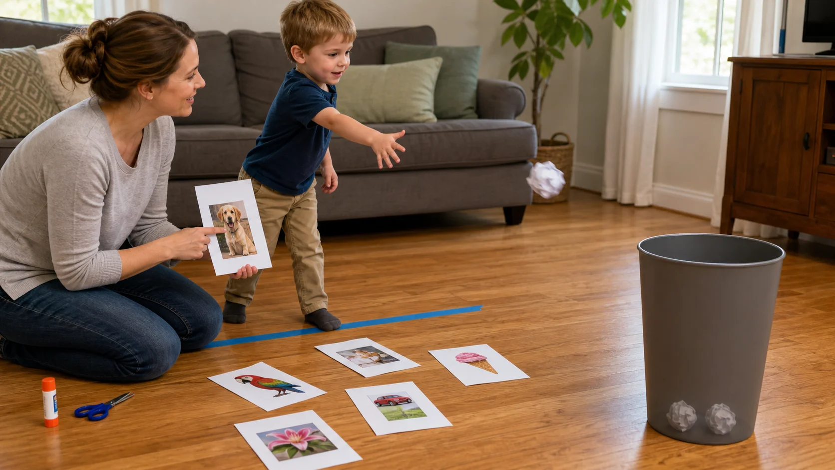 A preschooler crumpling a picture page while a grown-up points toward a tall wastebasket on the floor.