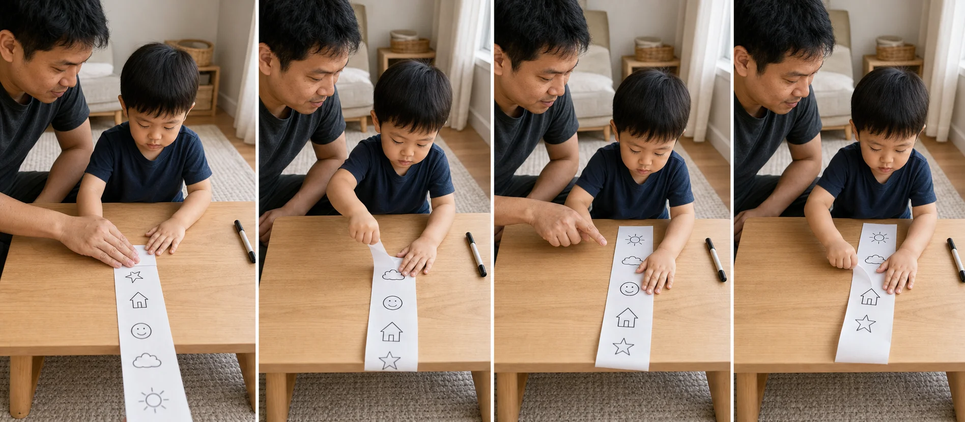 Four panels show a grown-up tucking one end of a picture strip under a toddler's hand, the child pulling in one section, smoothing the strip, and bringing the next picture closer.