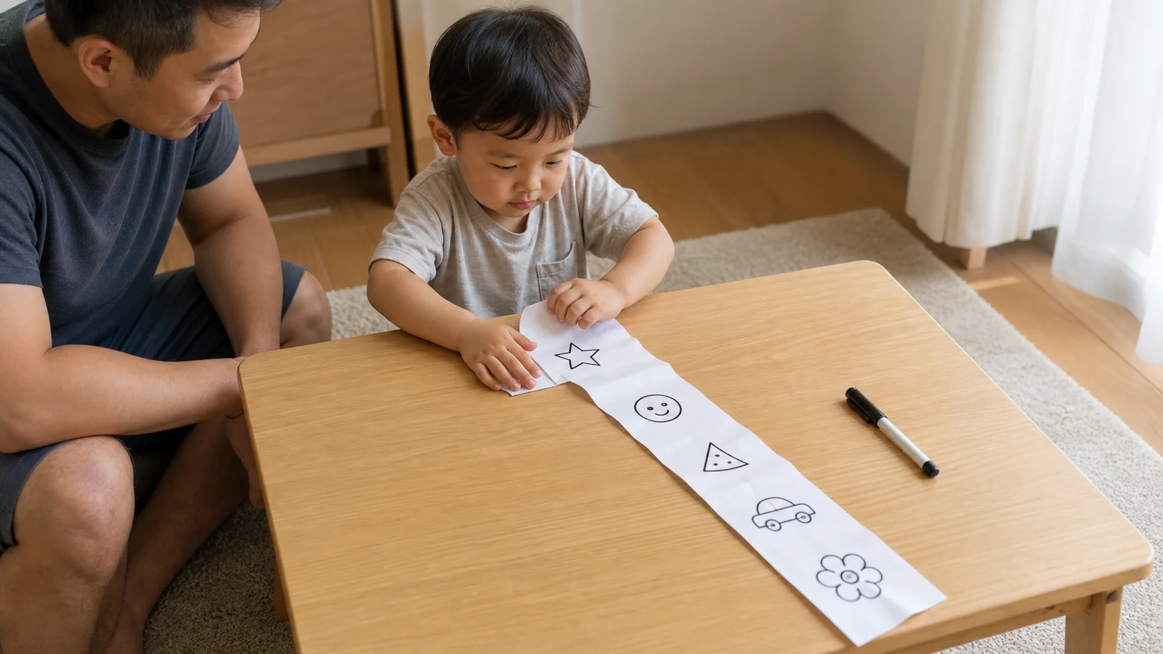 A toddler seated at a low table pulls a long paper strip closer with one hand while simple drawn pictures slide toward the palm.