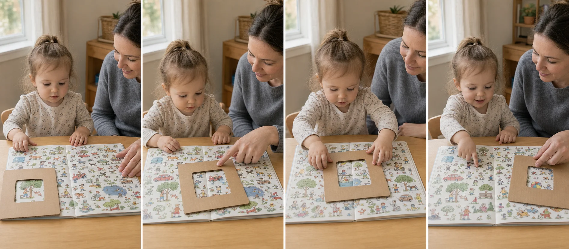 Panels showing a grown-up model the window, a child slides and stops, finds a picture, and resets for another search.