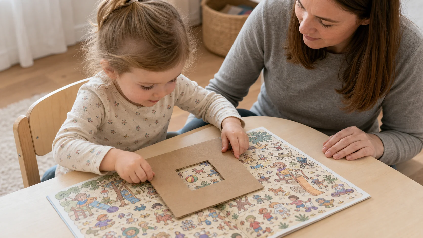 Toddler sliding a cardboard window over a busy picture page while a grown-up sits nearby.