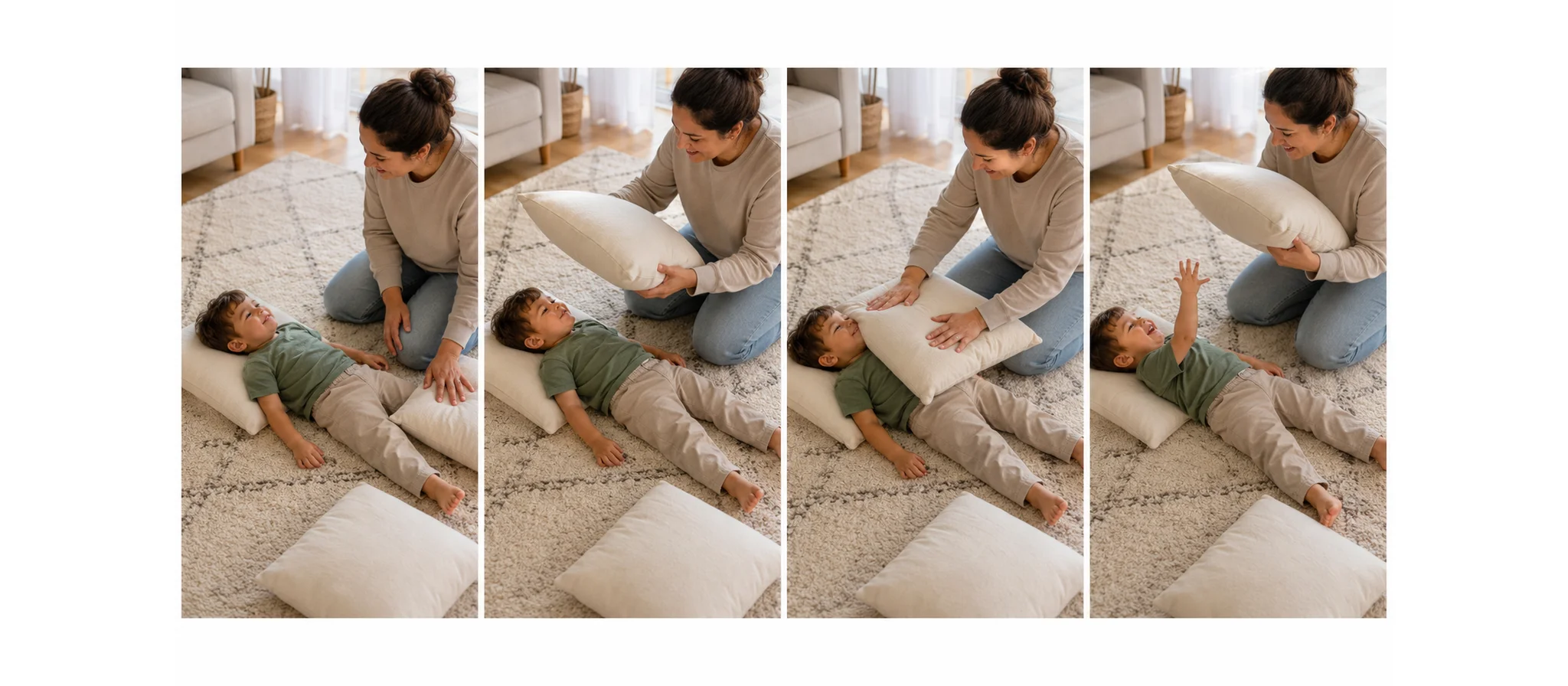 Four panels showing a grown-up setting out soft pillows, a child lying on a safe spot, one brief pillow squish with the face clear, and the child signaling more or all done.