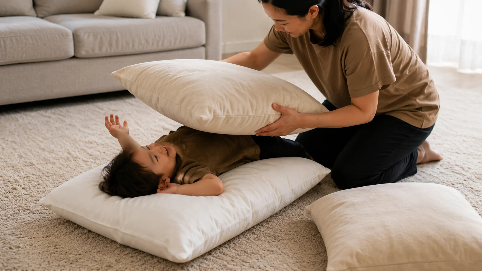A child lying on a soft indoor surface while a grown-up places one light pillow on the child's legs for a gentle pretend sandwich topping.