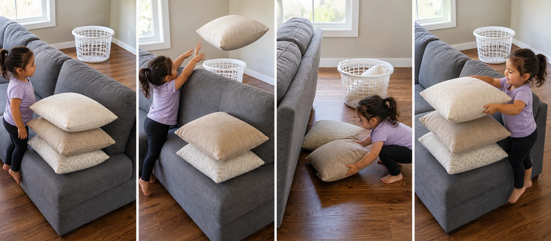Four panels show a grown-up stacking sofa pillows on the seat, clearing the landing side, a child throwing one pillow over the sofa, and the child carrying pillows back to rebuild the pile.