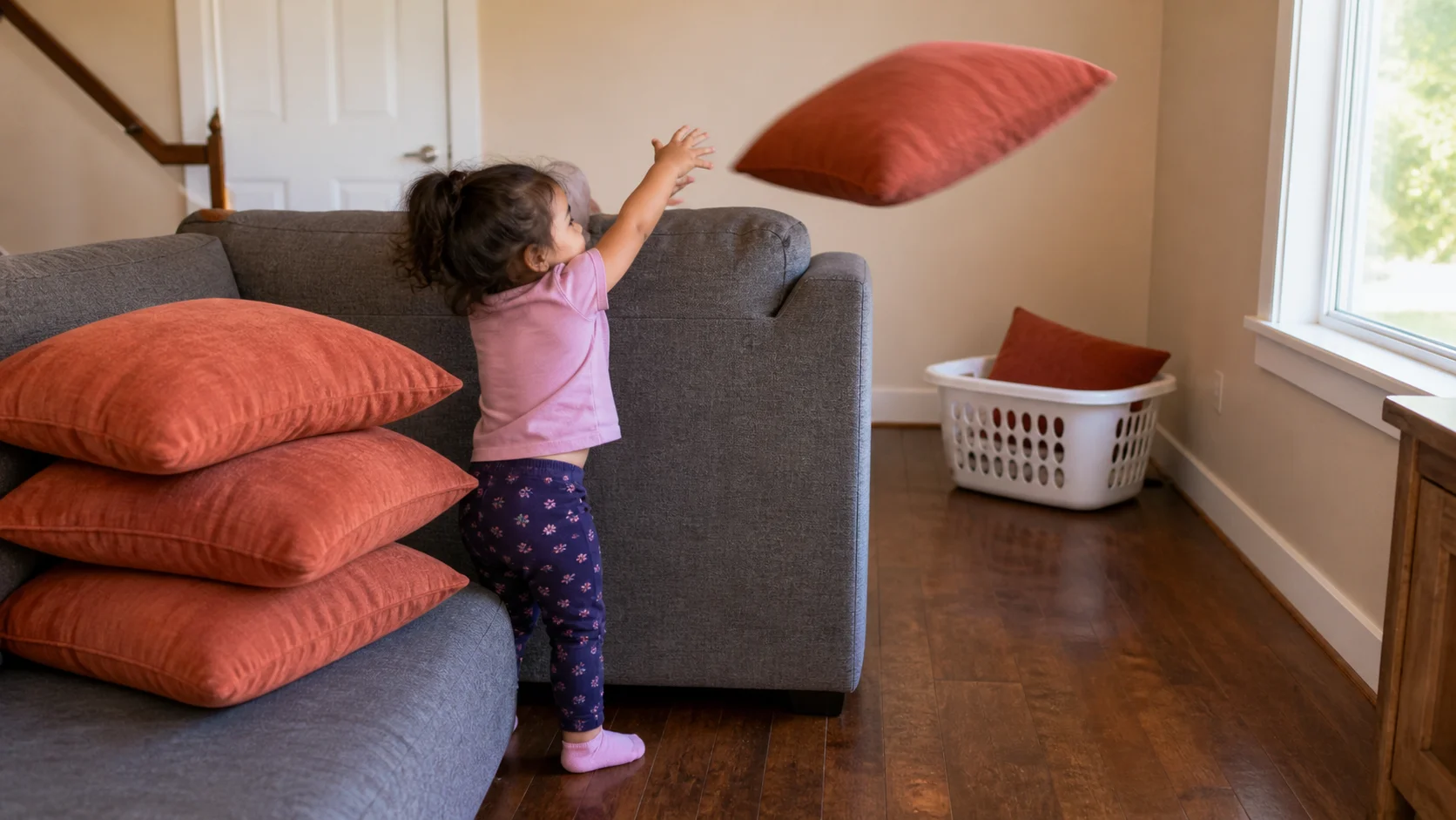 A young child stands beside a sofa and tosses a large pillow over the back into a clear landing area.