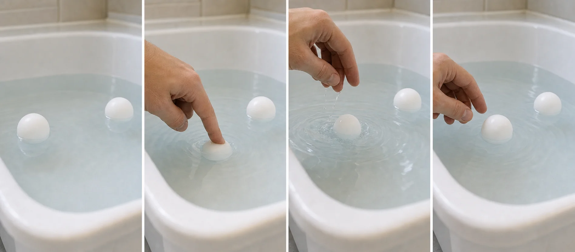 Four panels showing a ping-pong ball floating in bath water, getting pushed under, popping back up, and getting reached for again.