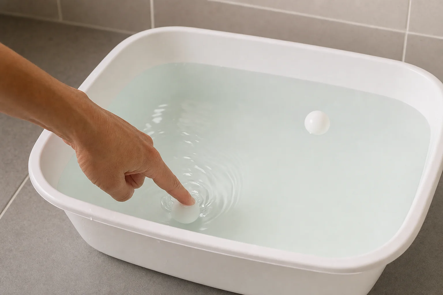 A toddler in the bath presses a floating ping-pong ball under the water while a grown-up watches nearby.