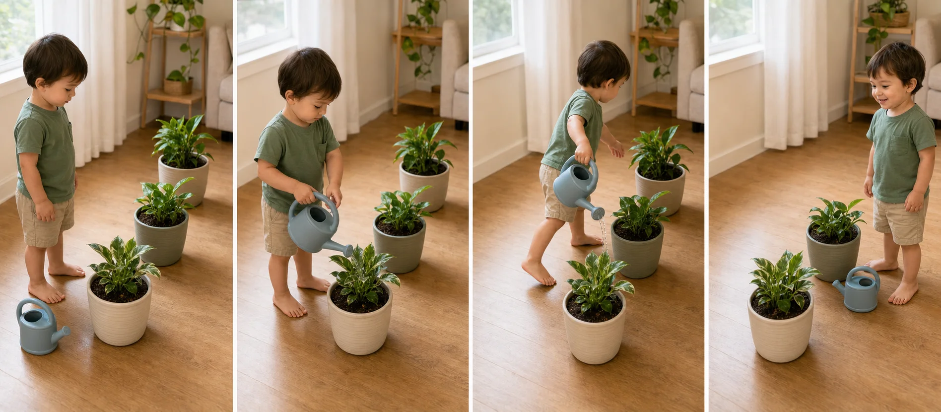Four panels showing a watering can at the start, a grown-up modeling one pour, a child carrying the can to the next plant, and the route ending when the plants are watered.