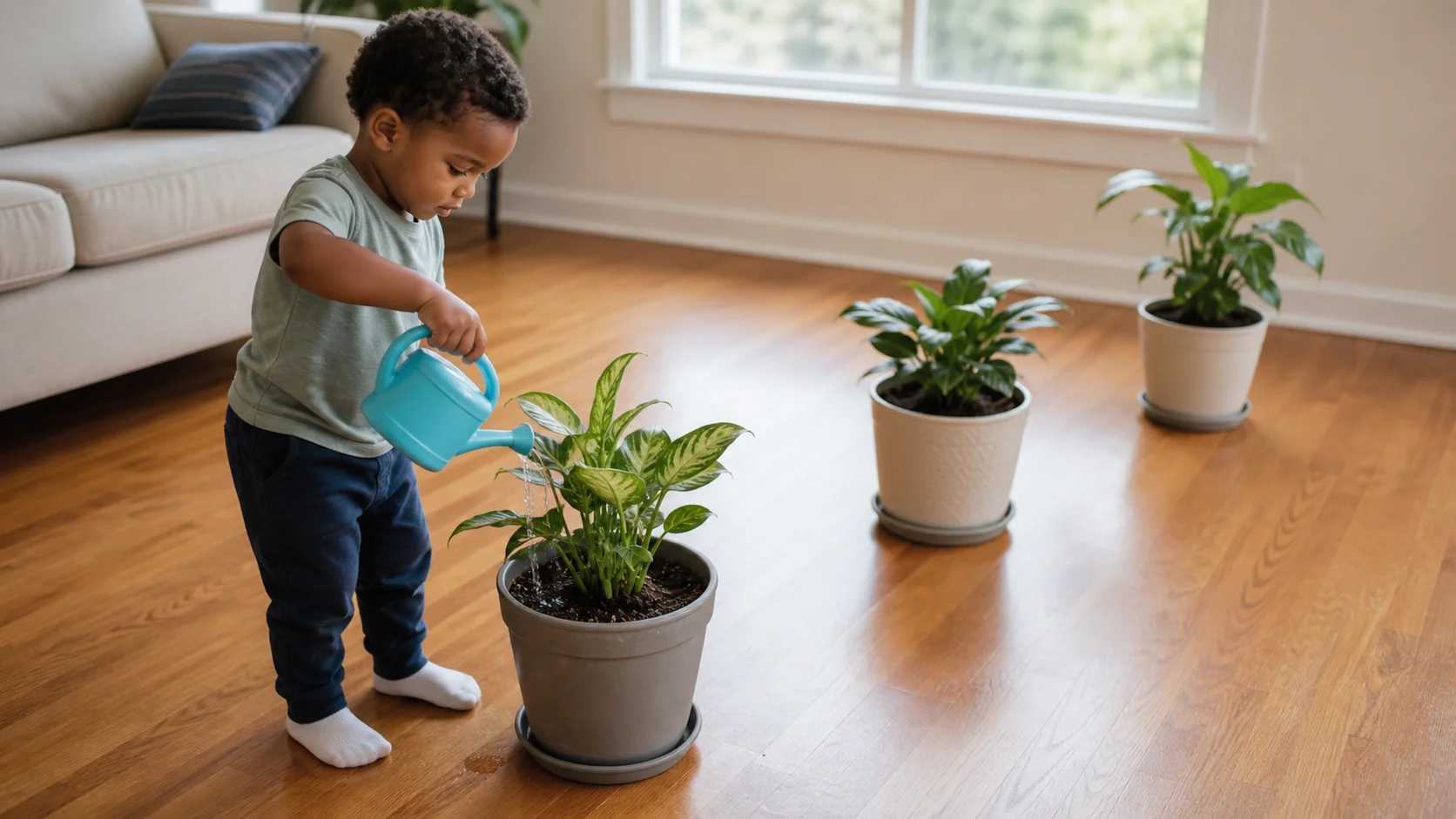 A toddler carrying a small watering can toward a houseplant and pouring water into the soil while a grown-up stays nearby.