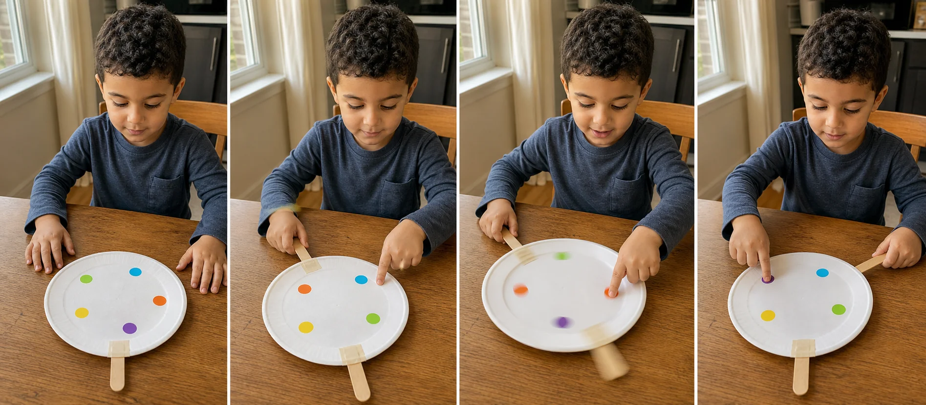 A step-by-step play sequence showing bright dots drawn on a paper plate, the taped handle, one spin, a dot tap, and a hand switch for another round.