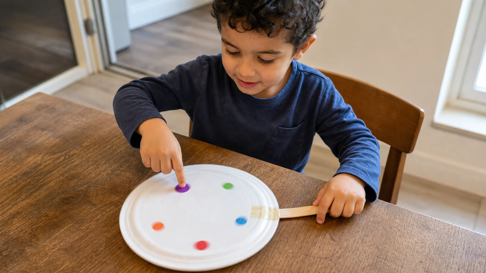 A child spins a paper plate with a craft-stick handle on a table and taps one bright dot while a grown-up watches nearby.