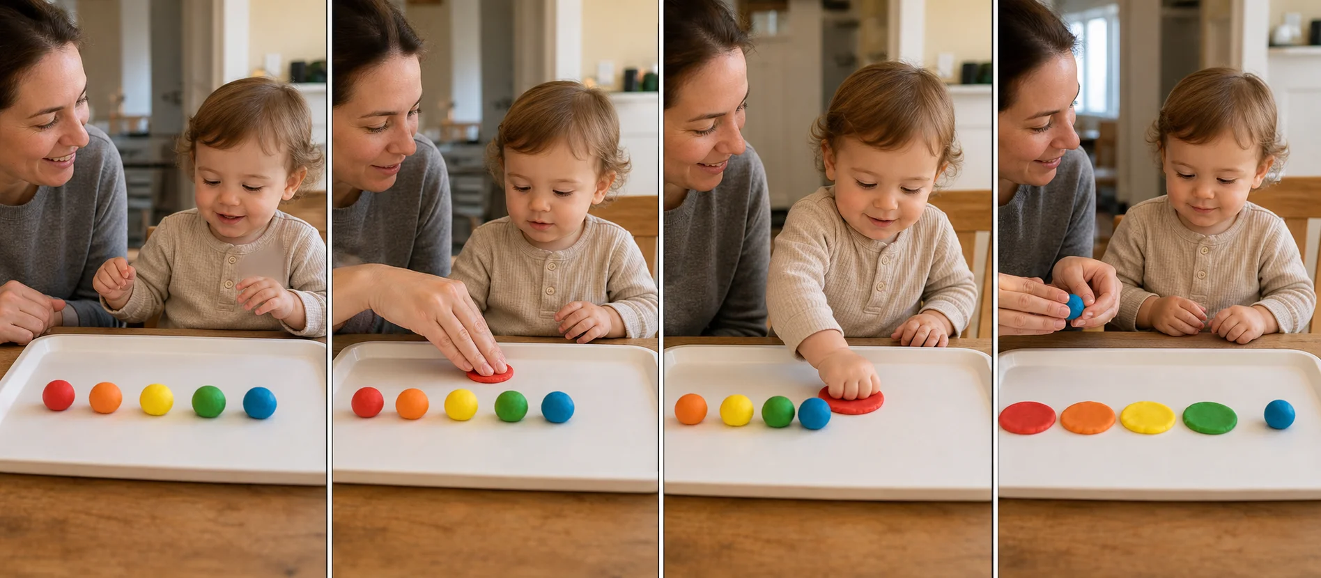 Four panels showing a few Play-Doh balls on a tray, a grown-up modeling one smash, a toddler flattening a ball, and the dough being rolled into another round.