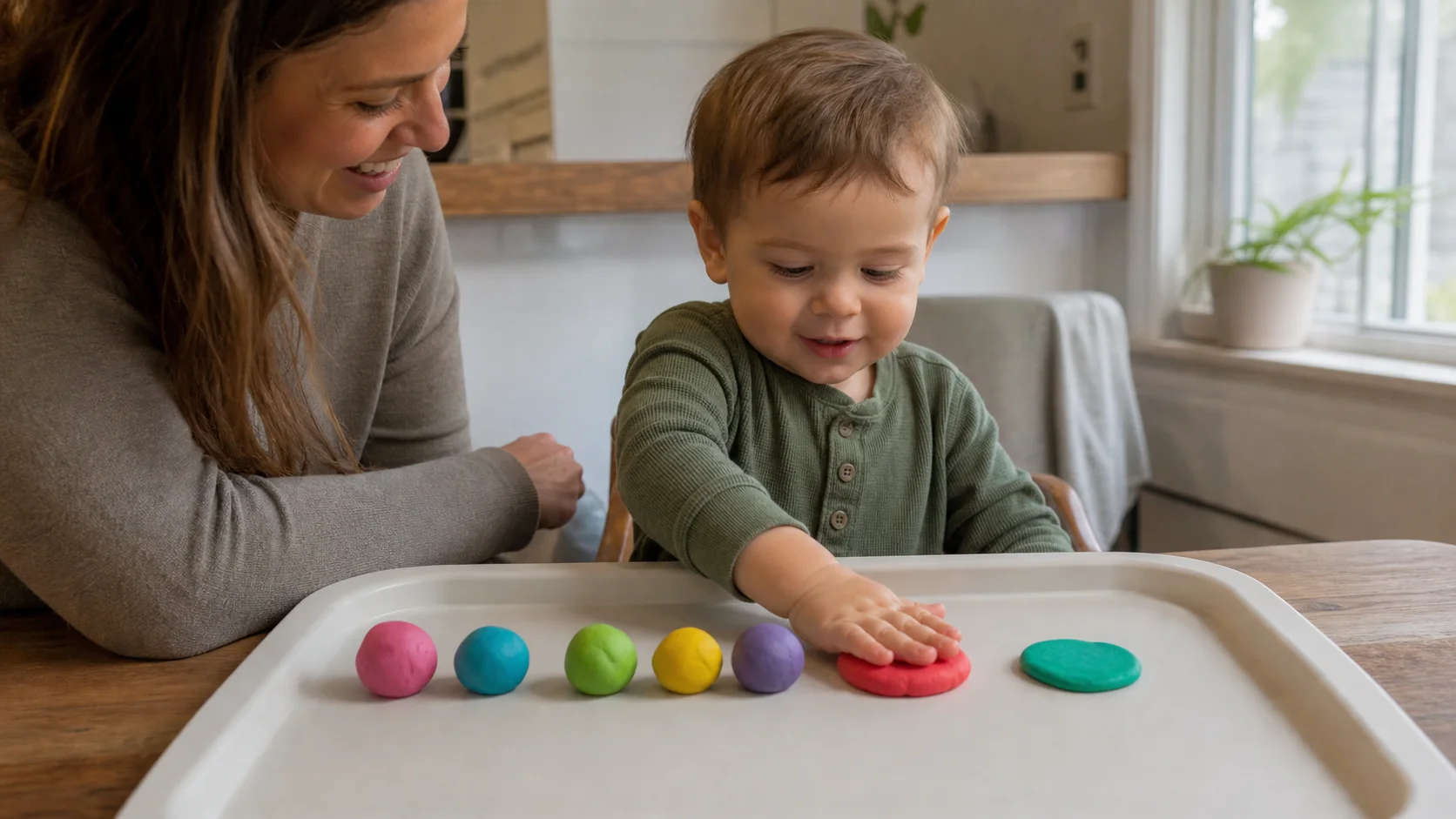A toddler at a tray pressing a small Play-Doh ball flat with their palm while a grown-up beside them says a playful boom.