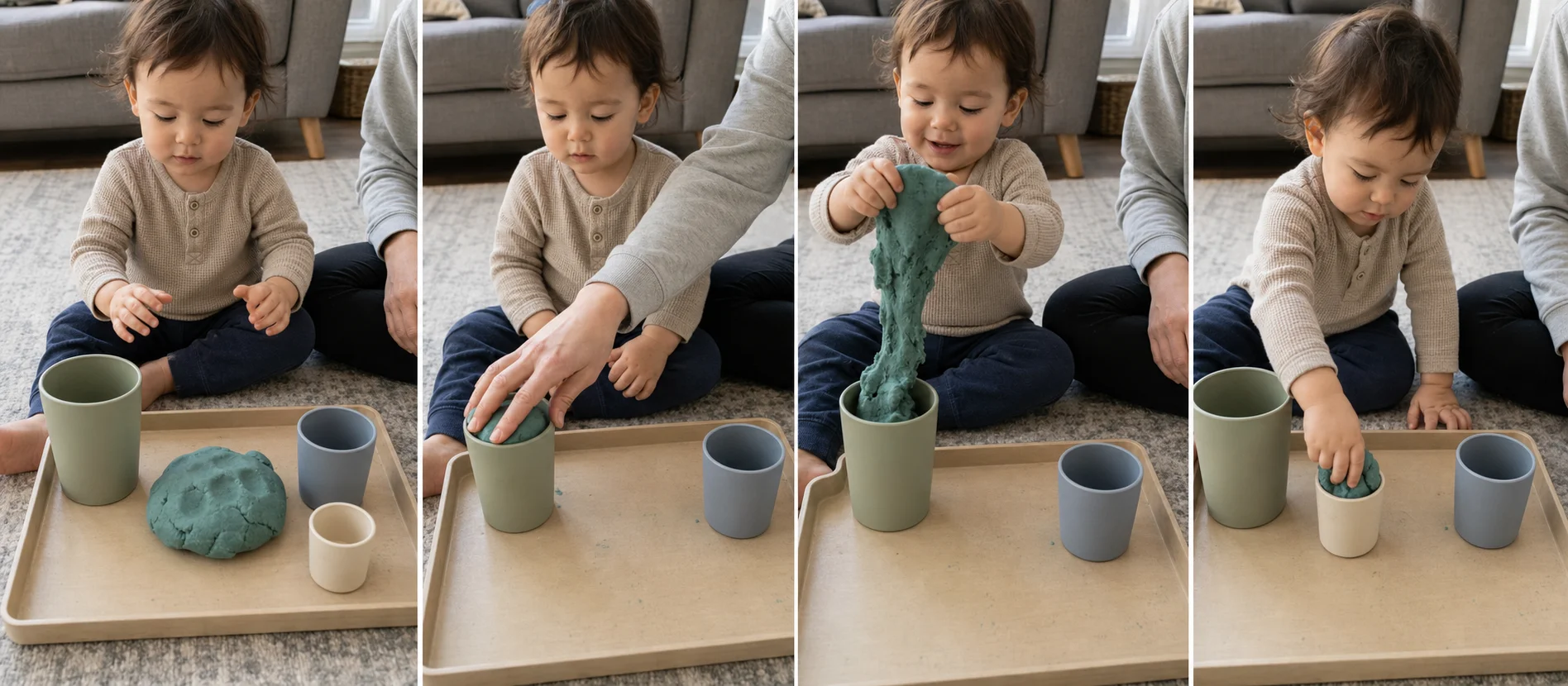 A multi-panel sequence showing a tray with dough and cups, a grown-up modeling one press-in turn, a toddler popping the dough back out, and the child switching to another cup.