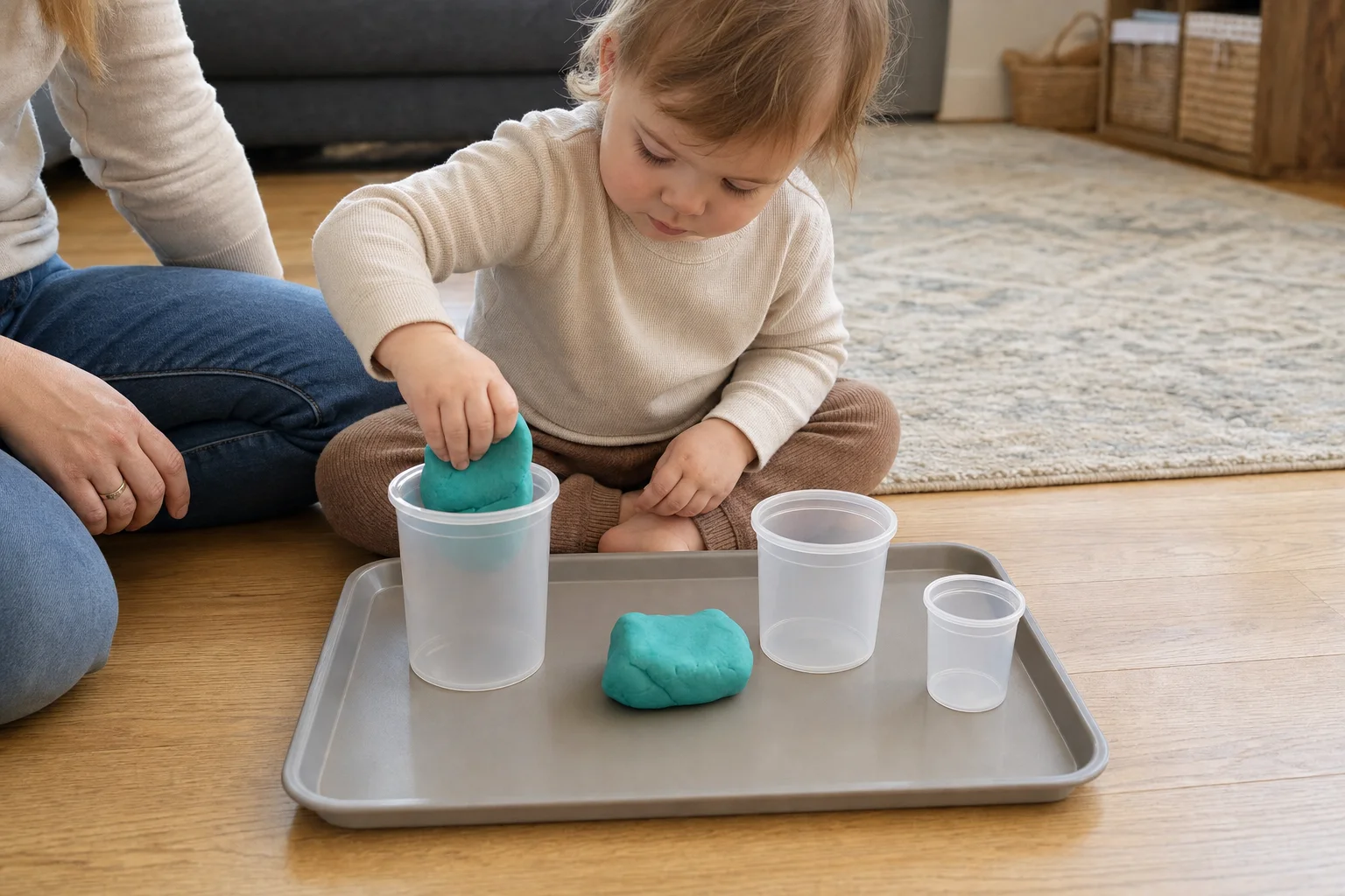 A toddler pressing play dough into a small cup on a tray while a grown-up sits close beside them.