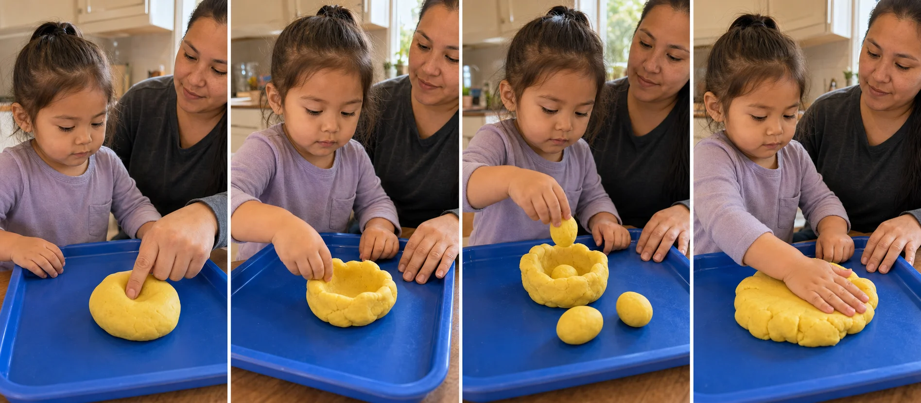 A sequence showing a child pressing a thumb hole, pinching the rim, rolling eggs, dropping them in, and squashing the dough to reset.