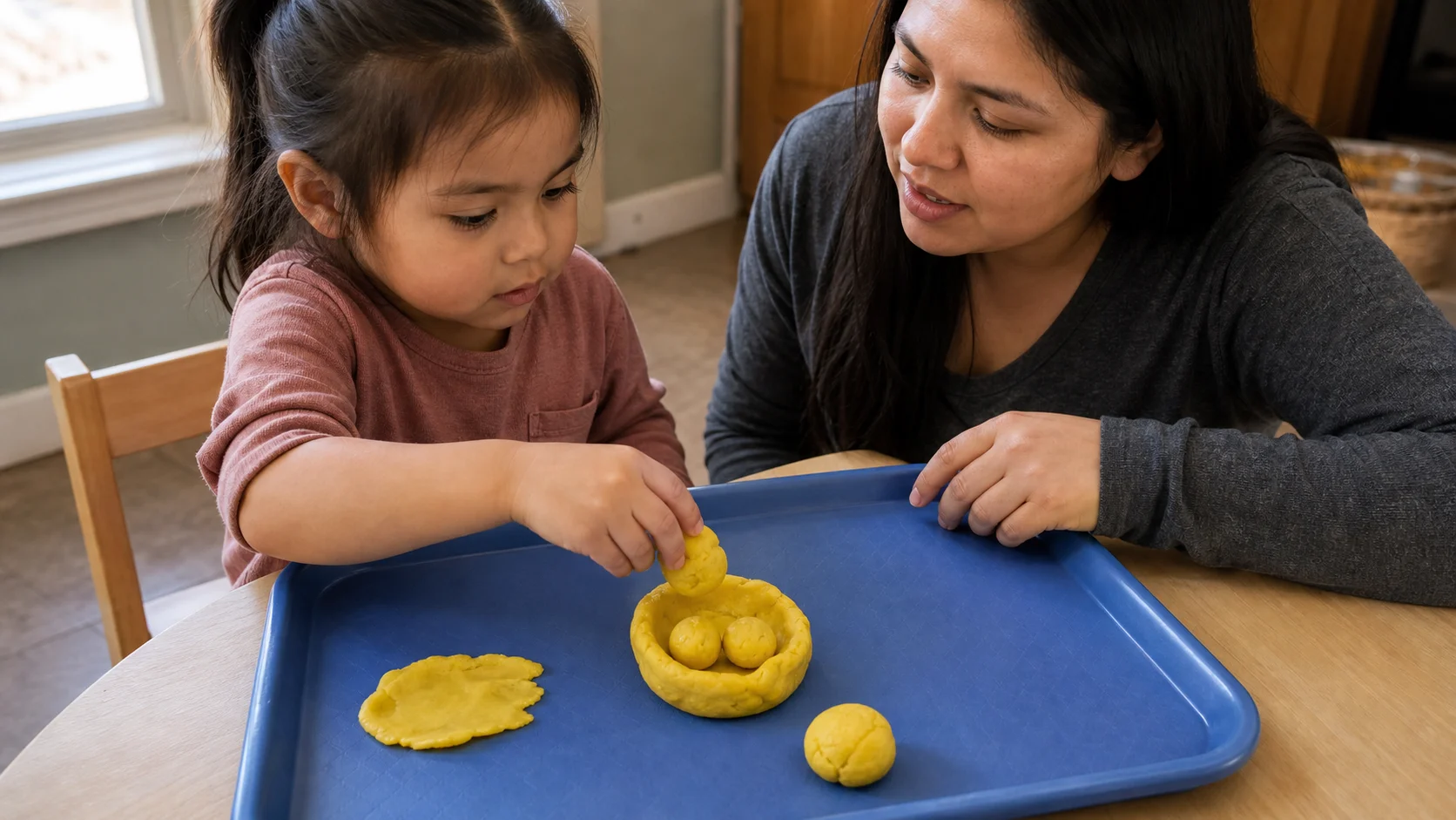 A child shaping a small playdough basket and dough eggs on a tray.