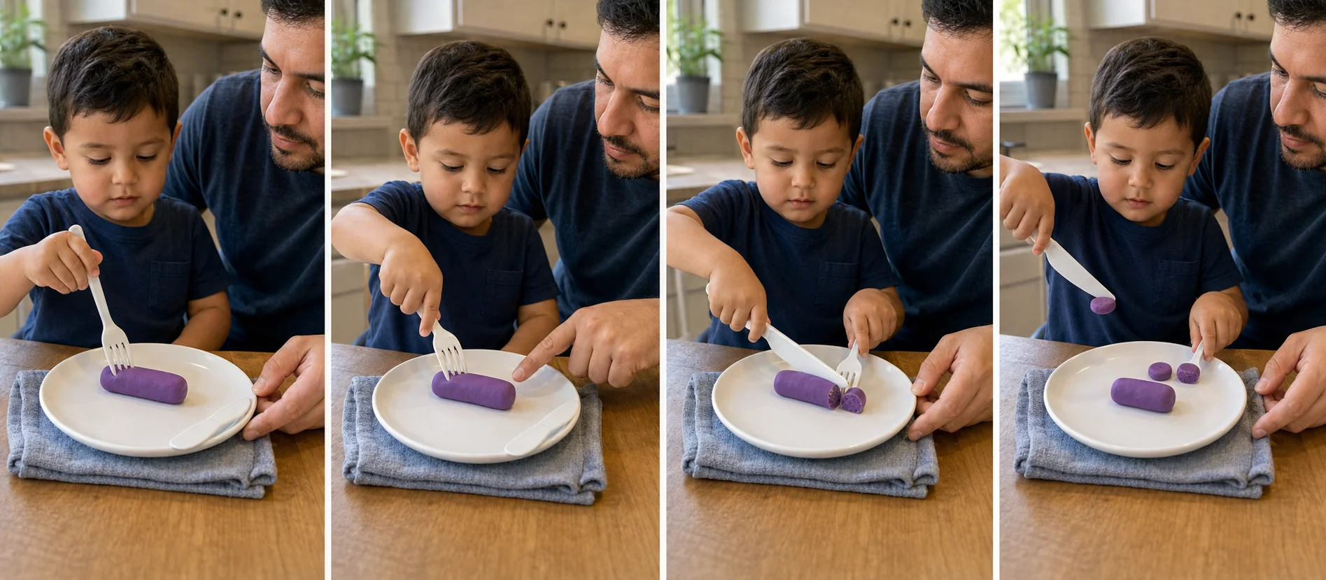 A multi-panel sequence showing a child holding a playdough sausage with a fork, sawing off a piece with a child-safe knife, dropping the slice onto the plate, and resetting for another cut.