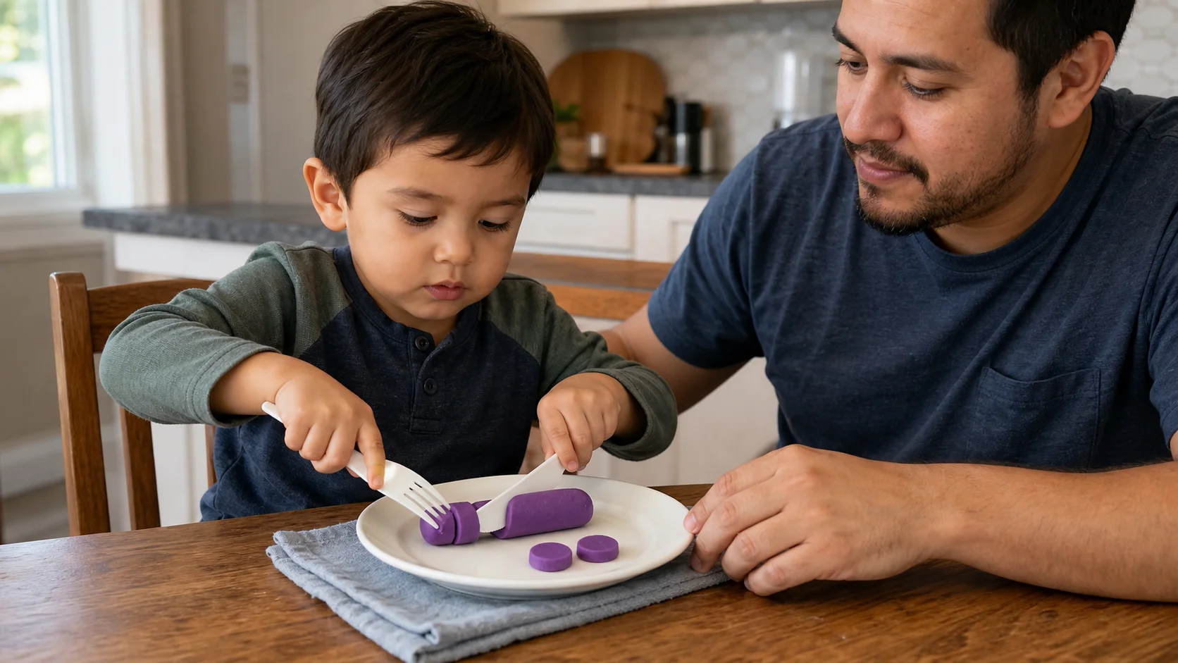 A toddler using a child-safe fork and knife to cut a short playdough sausage on a small plate while a grown-up sits close beside the table.