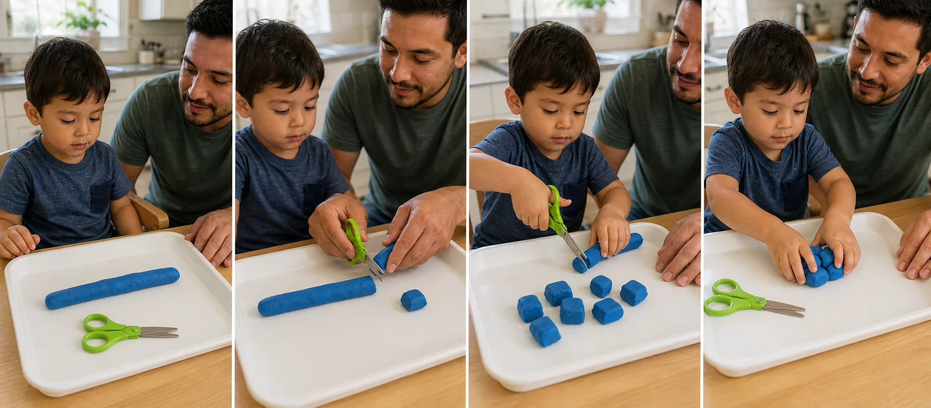 A sequence showing a child holding playdough steady, snipping small pieces, putting scissors down, and squashing the dough to reset.