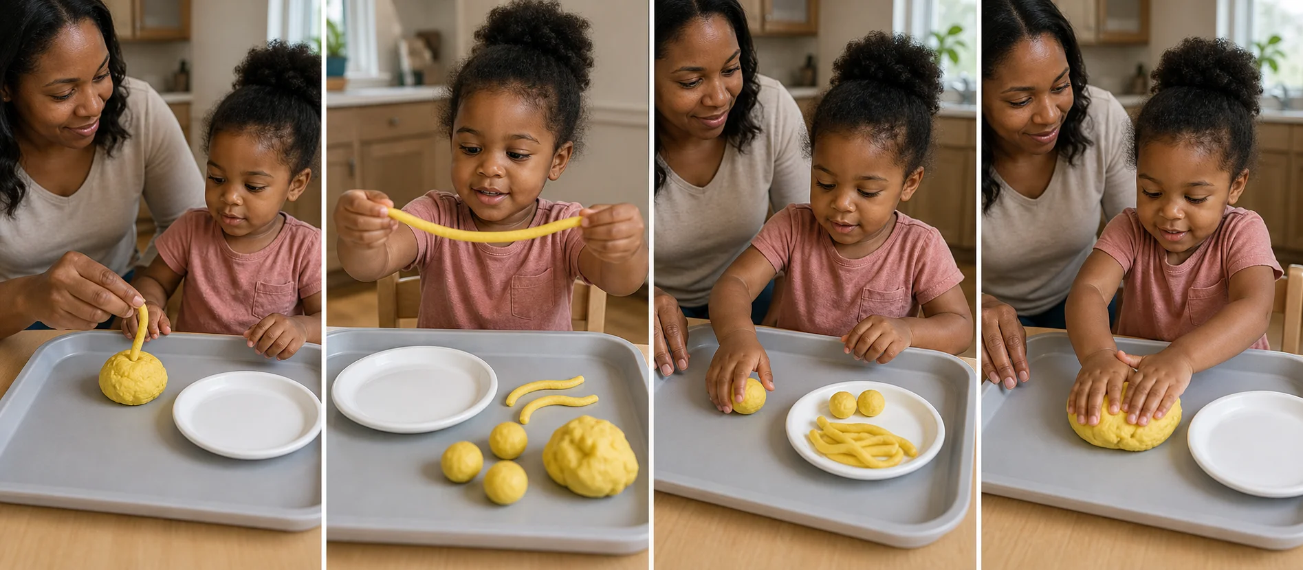 A sequence showing dough pulled into noodles, rolled into meatballs, plated, squashed, and reset.