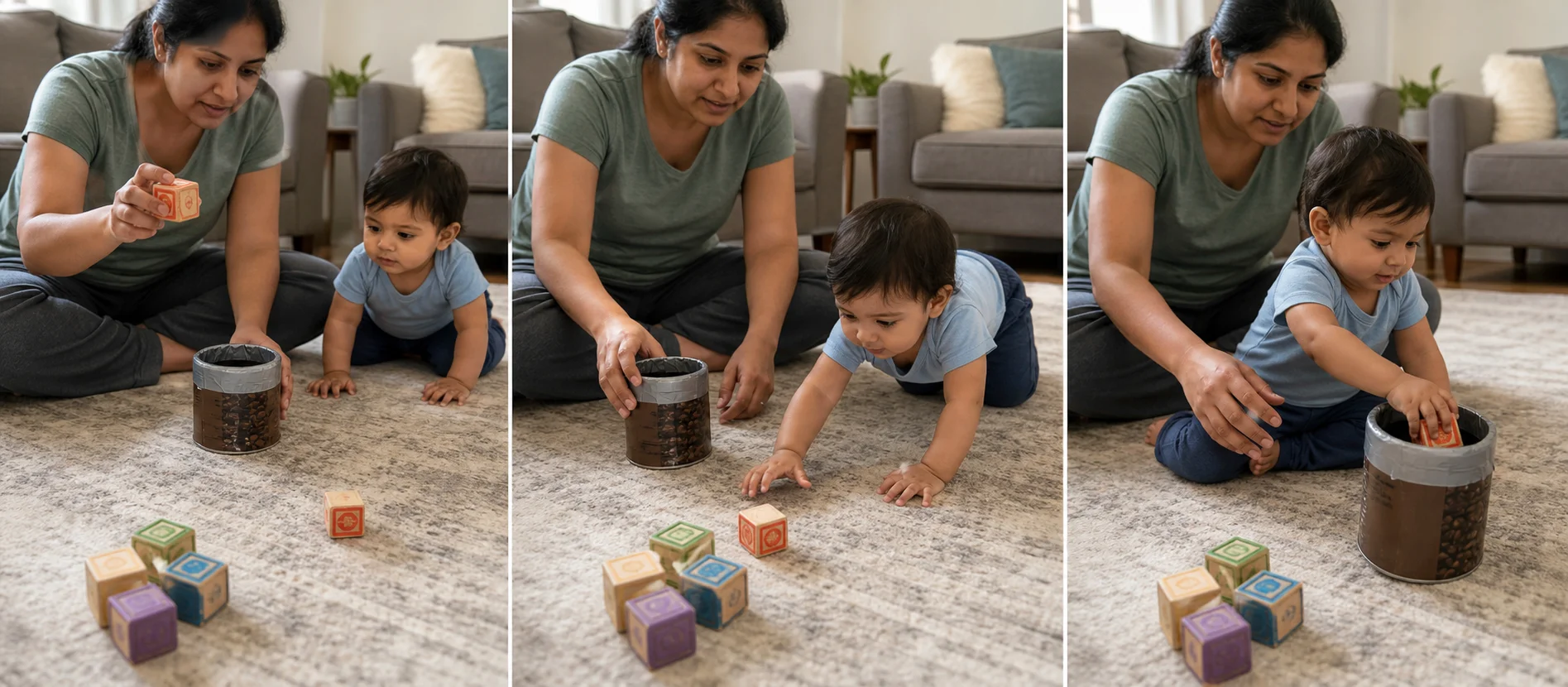 A three-panel sequence showing a grown-up rolling one block, a toddler bringing it back, and the block dropping into a coffee can.