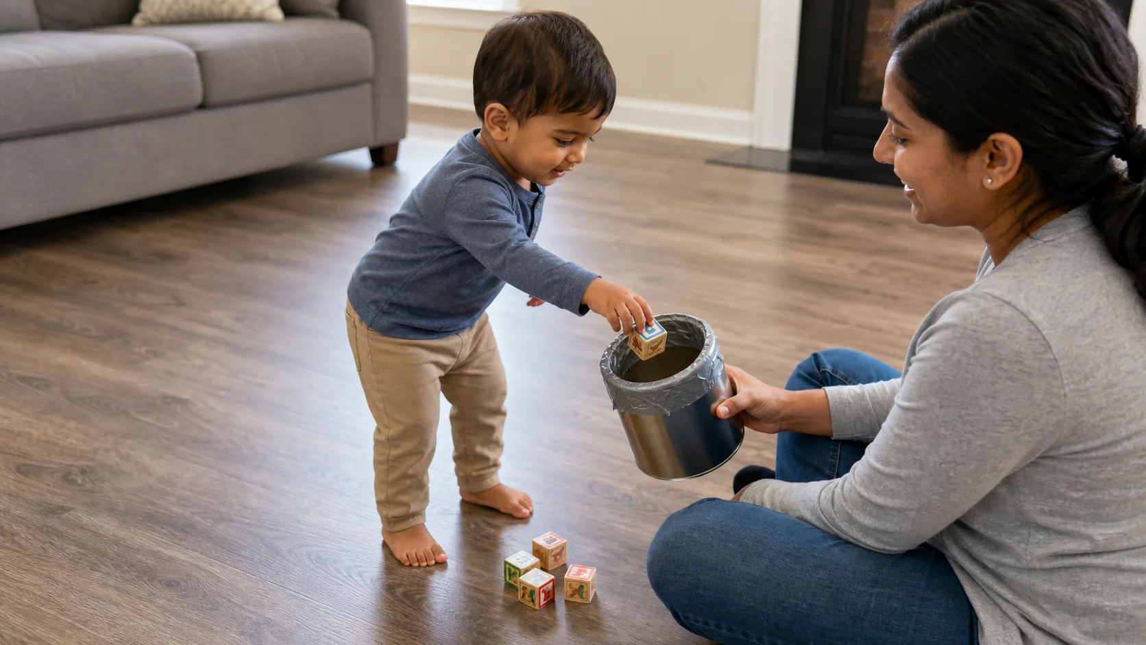 A toddler crawls after a picture block on the floor while a grown-up holds a taped coffee can ready for the drop.