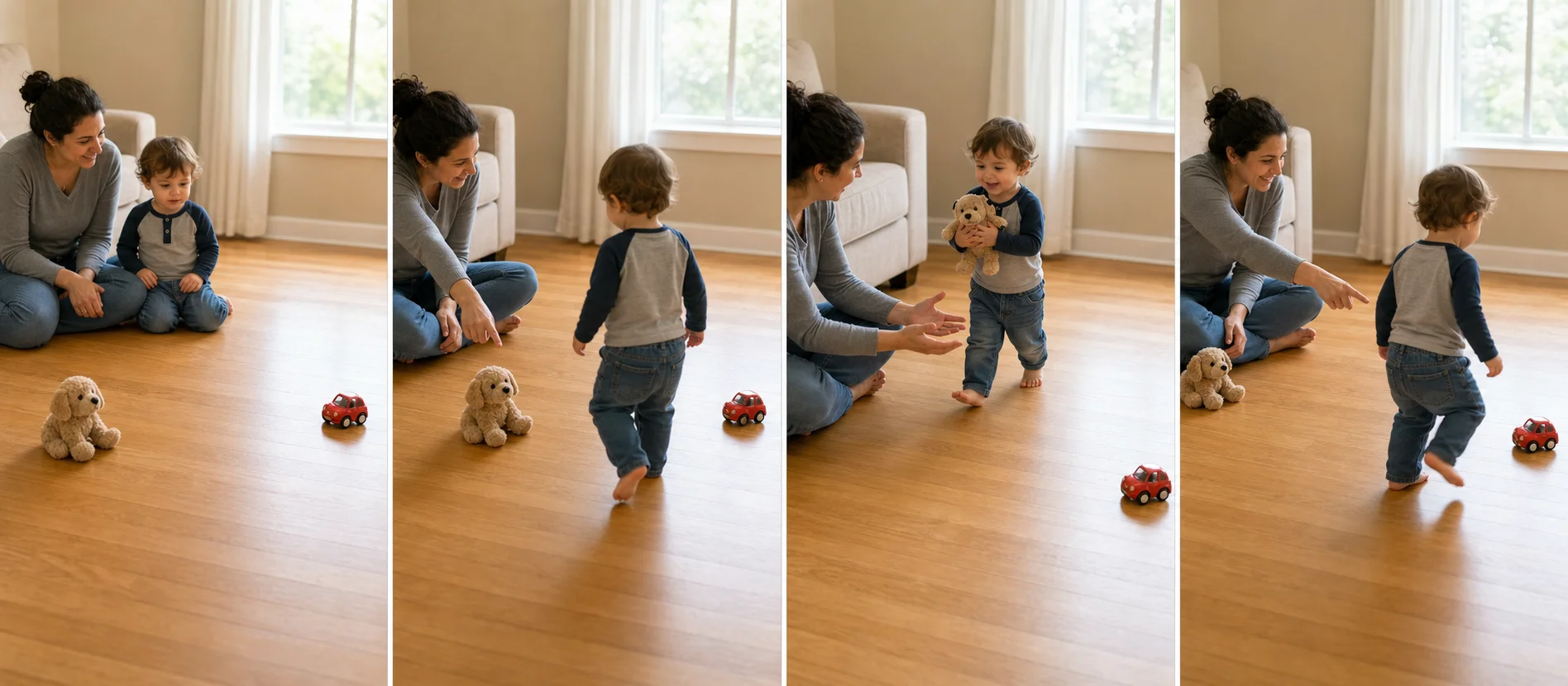Four panels showing two toys placed around a room, a grown-up pointing to one, a toddler carrying the chosen toy back, and the next pointing turn beginning.