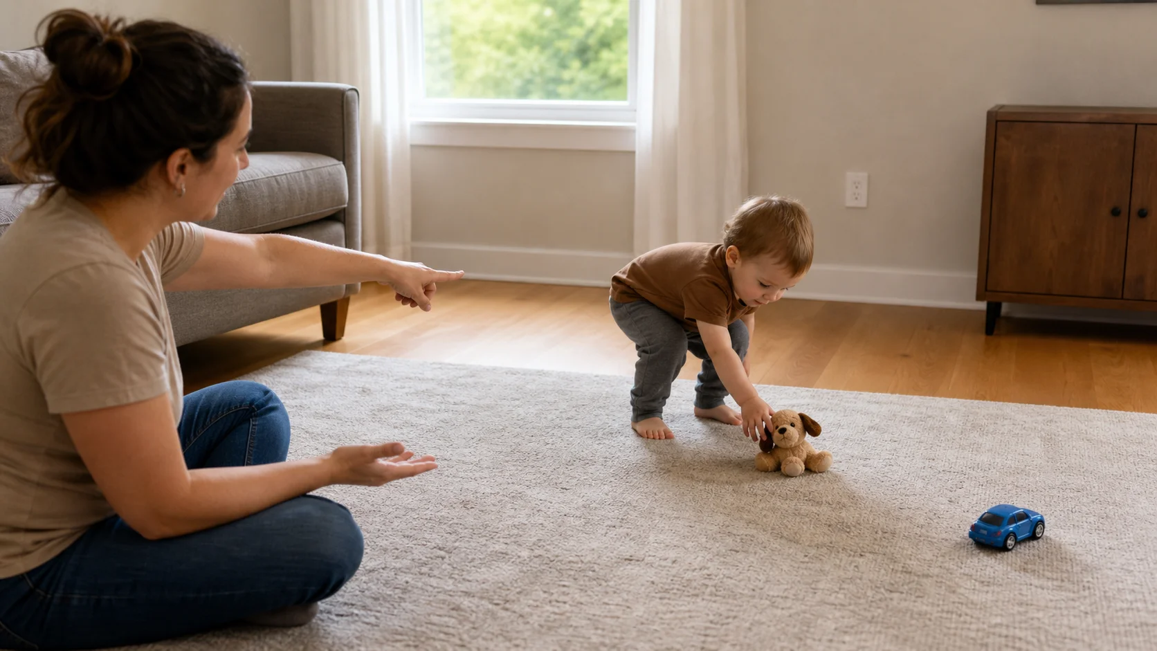 A toddler walking across a simple room toward a favorite toy while a grown-up points to it from nearby.