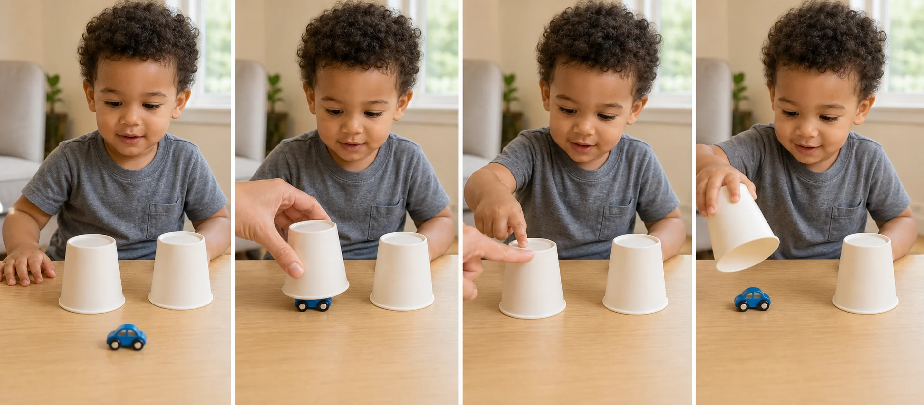 Four panels showing a toy in front of two cups, the grown-up hiding it, a clear point to one cup, and the toddler lifting the cup to find the toy.