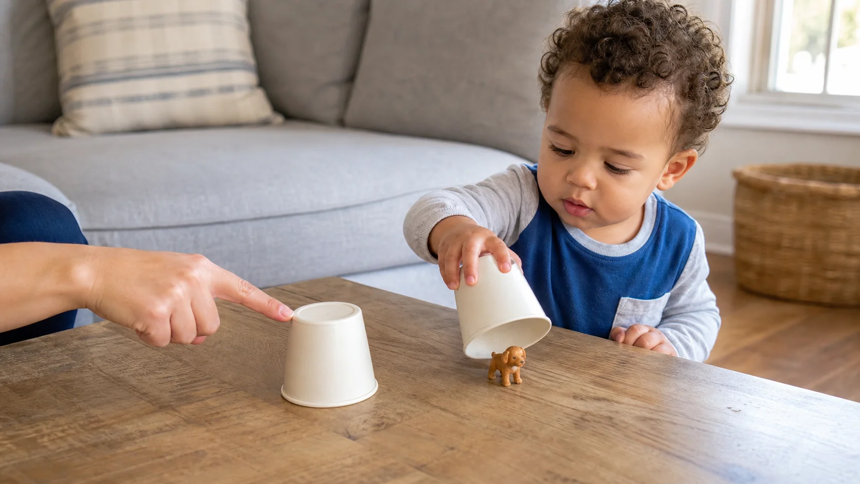A toddler sitting across from a grown-up points toward one of two upside-down cups hiding a small toy.
