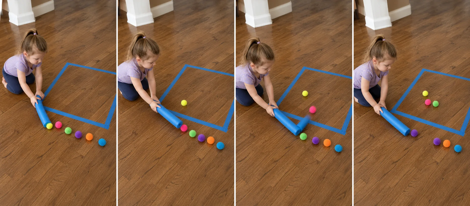 Four panels show a grown-up taping a square on the floor, pom-poms scattered near the edge, a child pushing one with a pool noodle, and the pom-poms swept back out for another round.