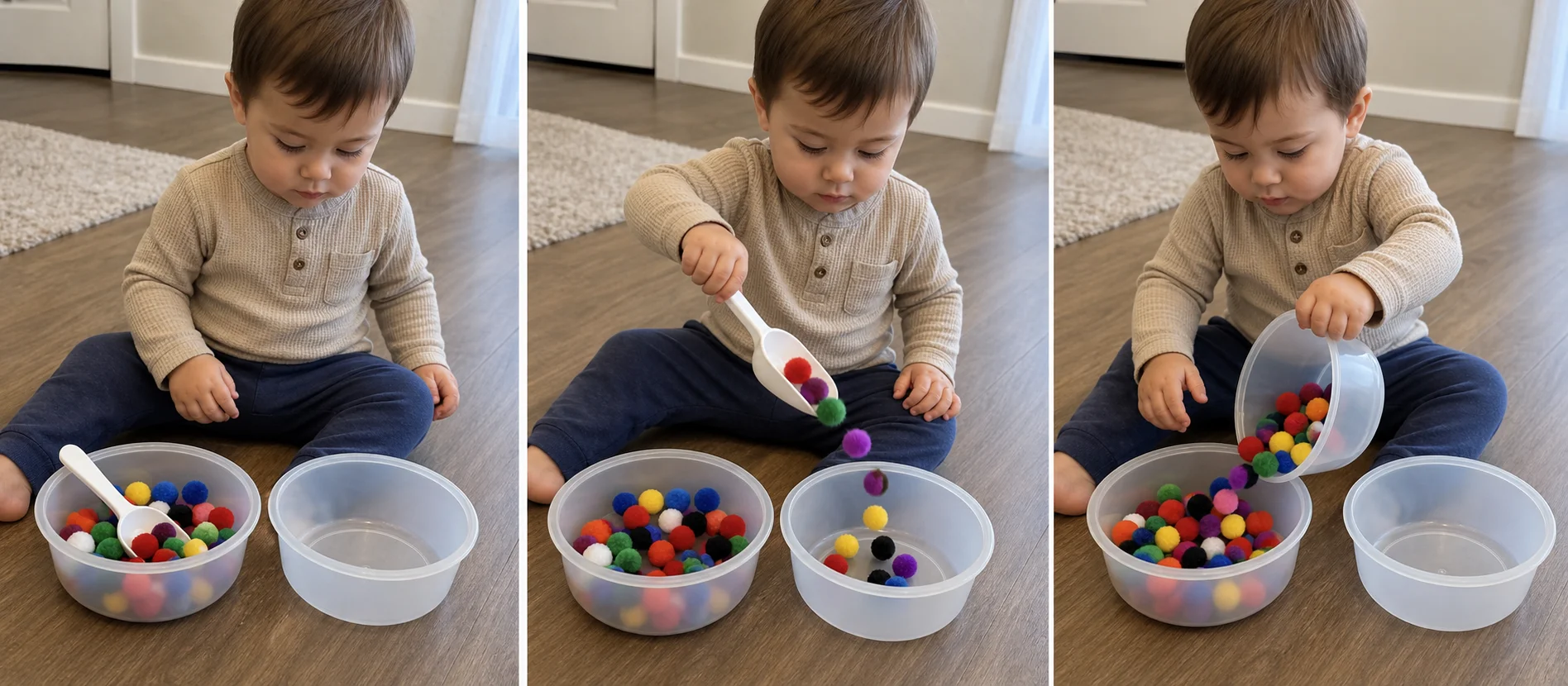 Four panels showing two bowls with pom poms, a grown-up modeling one scoop, a child pouring pom poms into the empty bowl, and the child dumping them back to start again.