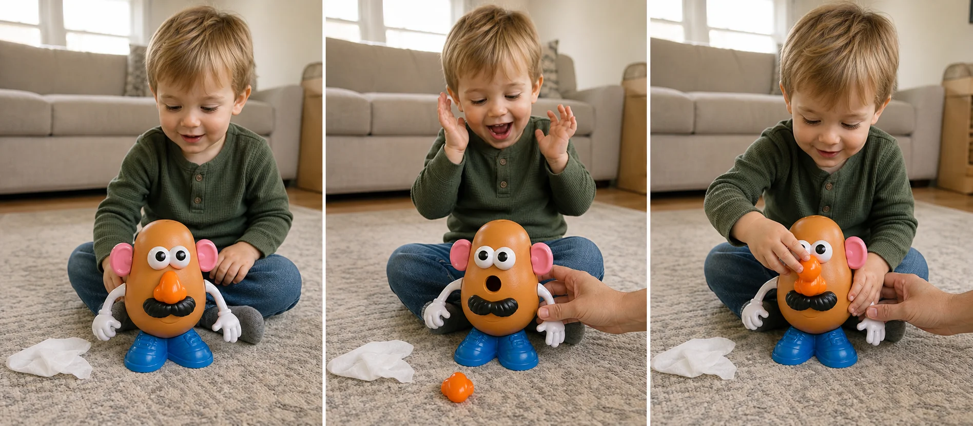 A multi-panel sequence showing a Mr. Potato Head piece popping off, a toddler picking it up, and the piece being pushed back into place