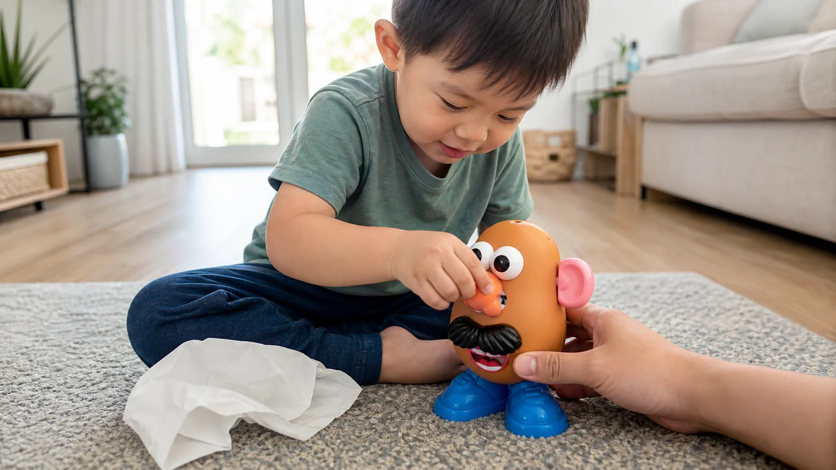 A toddler reaching toward a Mr. Potato Head toy while a grown-up holds a popped-off nose nearby during a pretend sneeze game