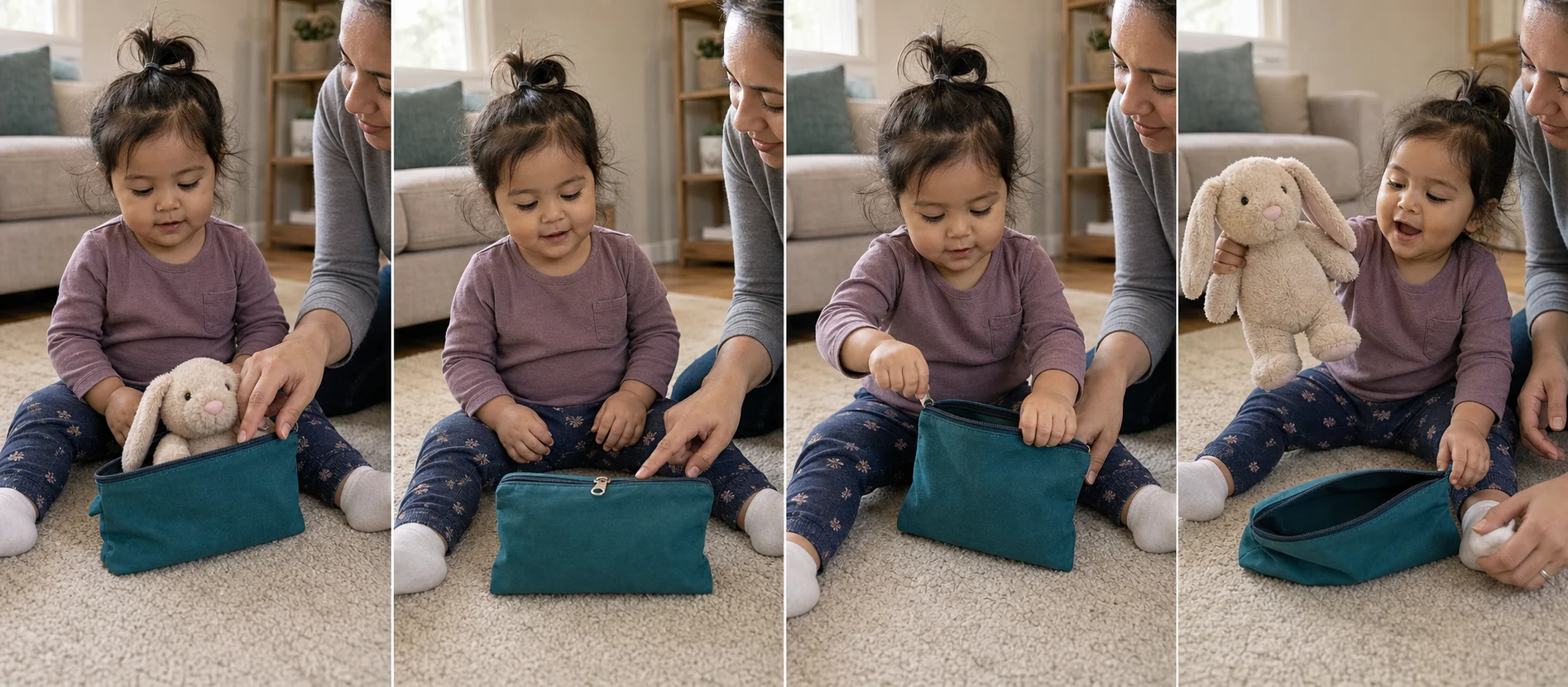 Four panels showing a toy placed into a zippered pouch, the pouch set in front of a toddler, the child opening the zipper, and the toy pulled out for the reveal.