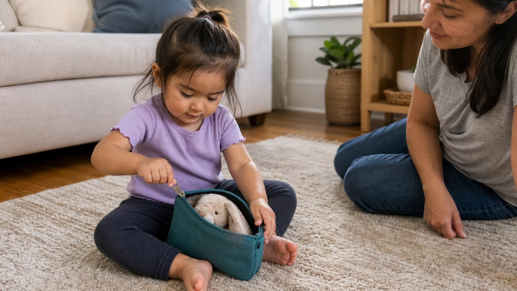 A toddler opening a small zippered pouch on the floor while a grown-up watches as a hidden toy starts to appear.