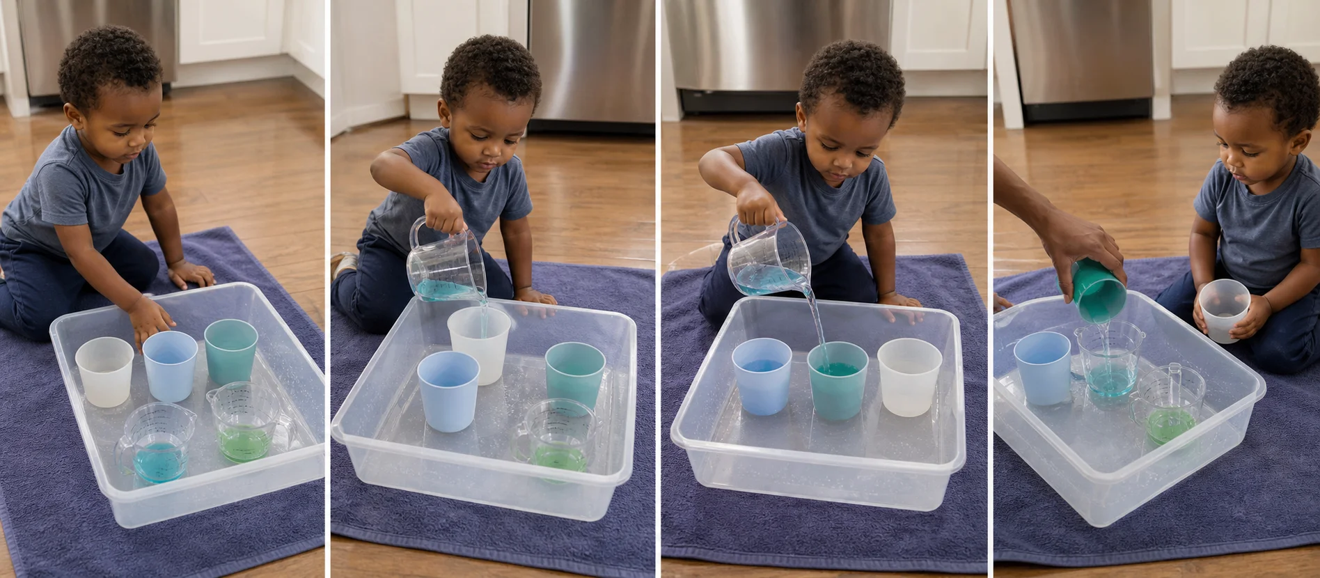Four panels show cups set in a storage bin on a towel, a toddler pouring water into a target cup, water moving between cups, and a grown-up resetting the next round.