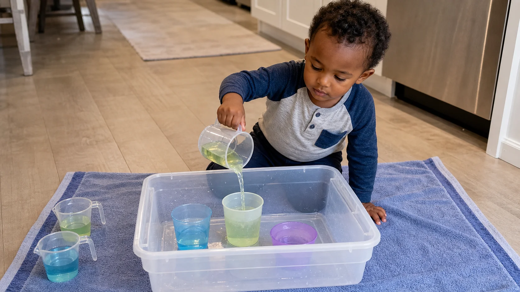 A toddler pouring colored water from a measuring cup into a small cup inside a storage bin on a towel.