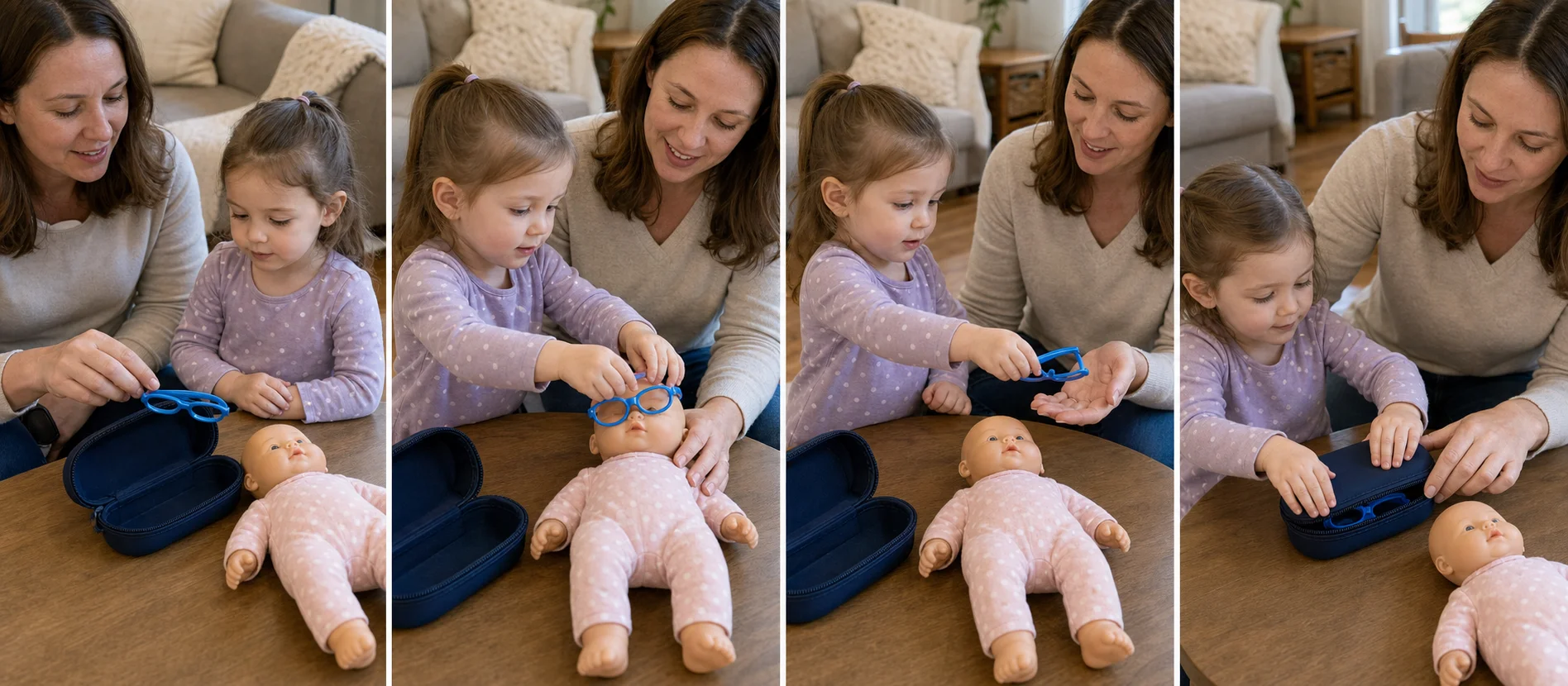 A multi-panel sequence showing a child opening a case, placing practice glasses on a face target, handing them back, and closing the case.