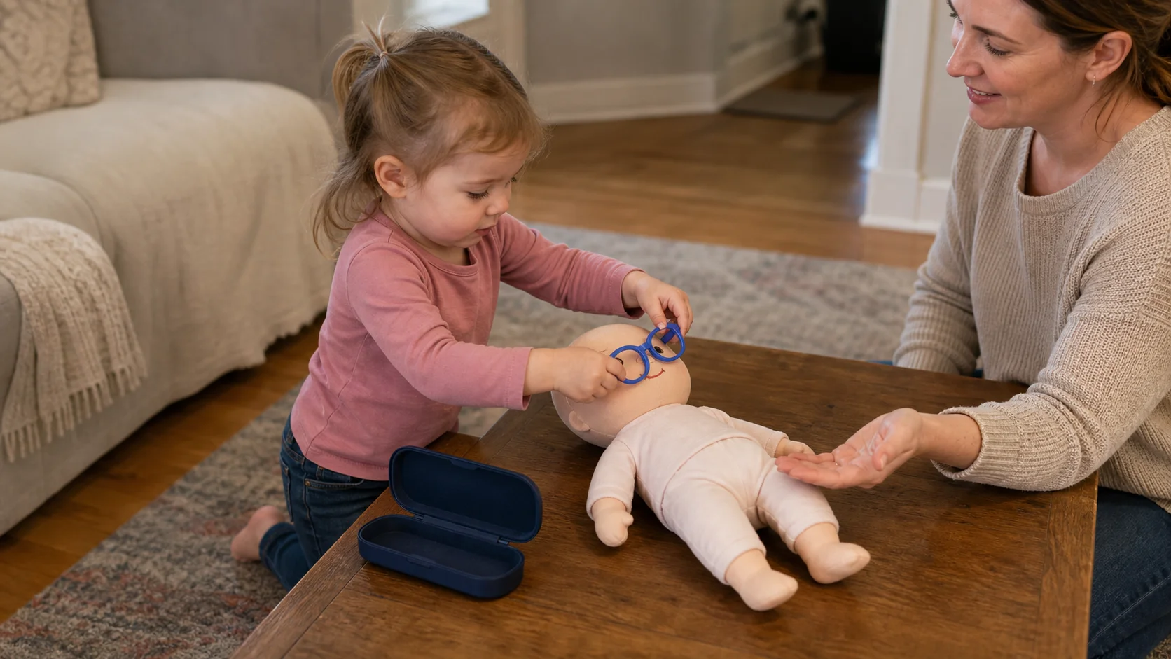 A toddler at a low table opening a glasses case and placing practice glasses on a doll face while a grown-up sits nearby.