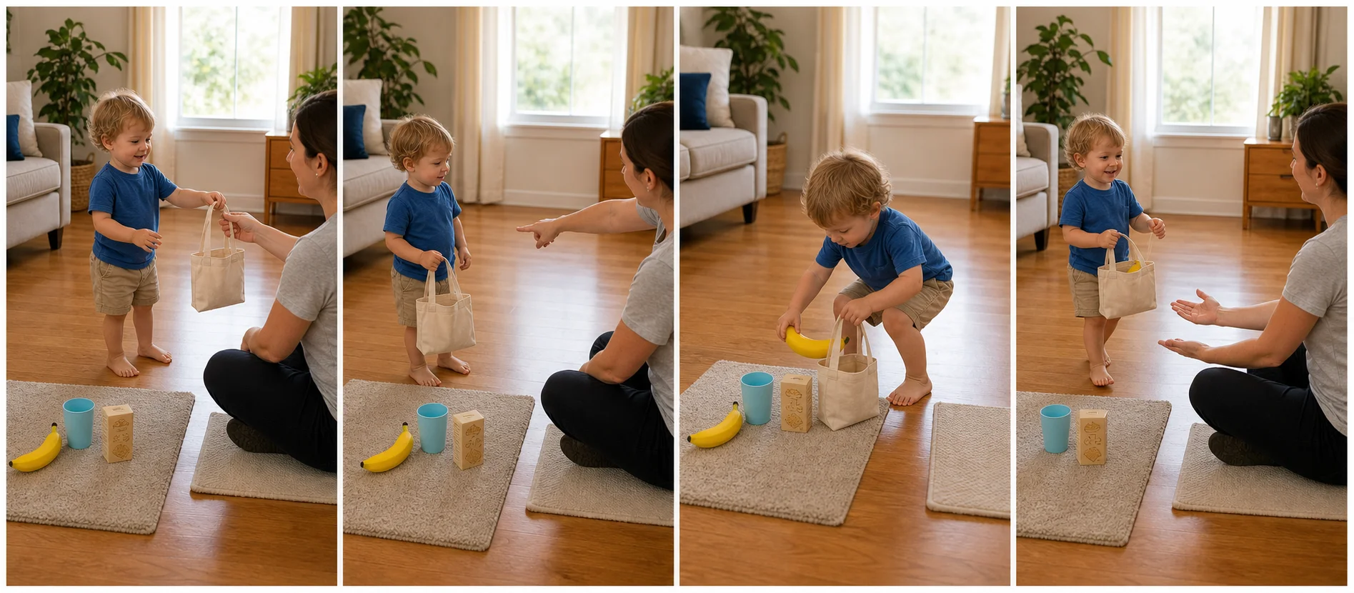 A multi-panel sequence showing a small pretend shop setup, a grown-up asking for one item, a toddler picking the matching object, and the bag coming back to the return spot.