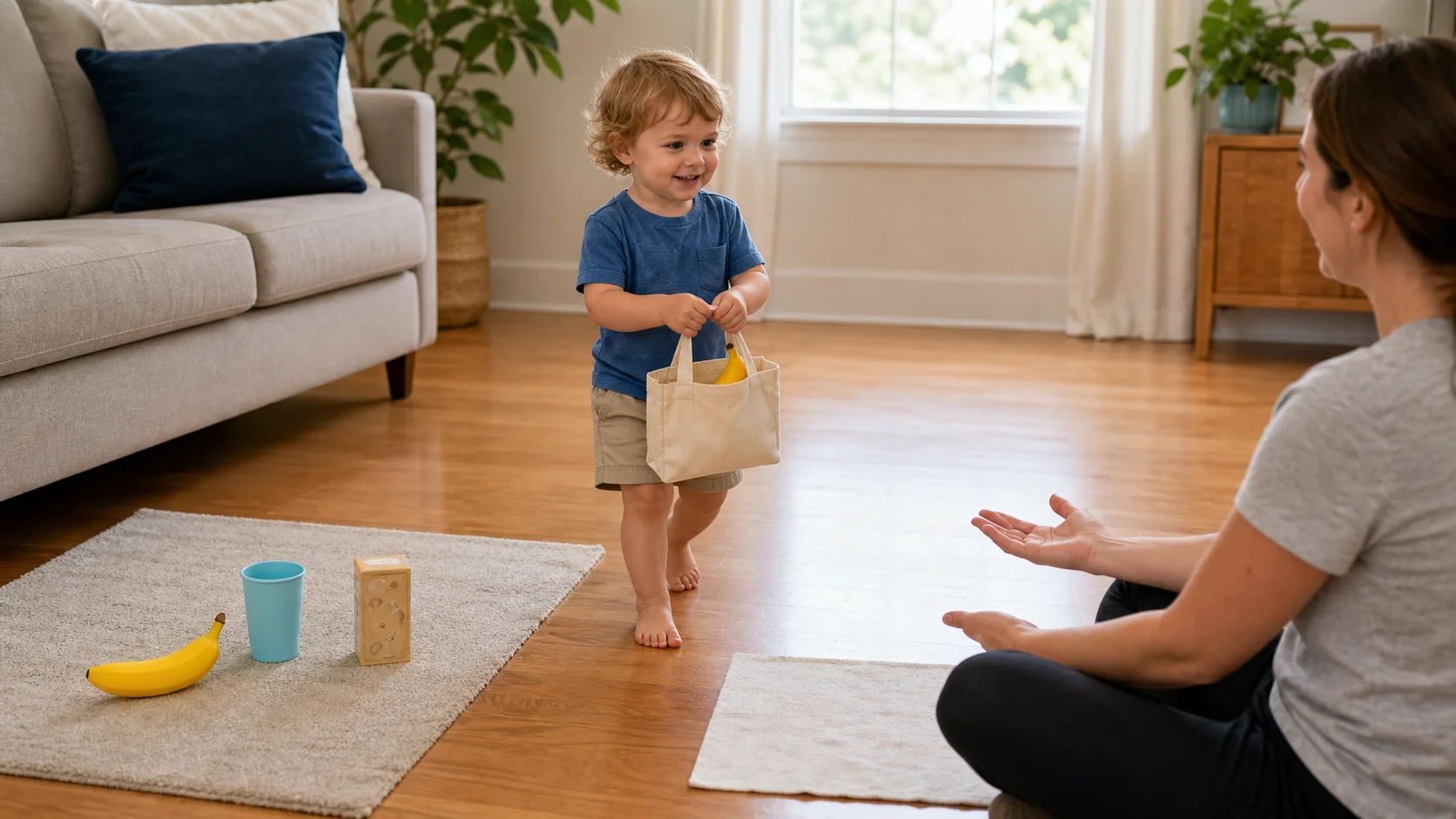 A toddler carrying a small shopping bag from a pretend shop area back to a grown-up after finding one requested toy food item.