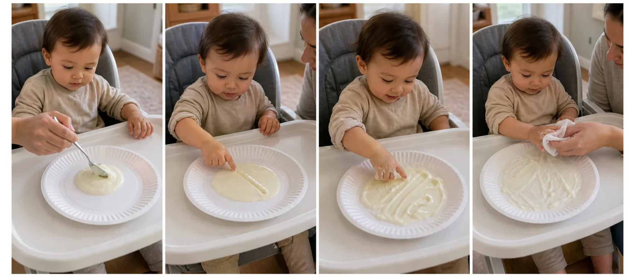 A multi-panel sequence showing a grown-up spreading pudding on a plate, making one line, the toddler swiping and patting the surface, and the grown-up wiping hands at the end.