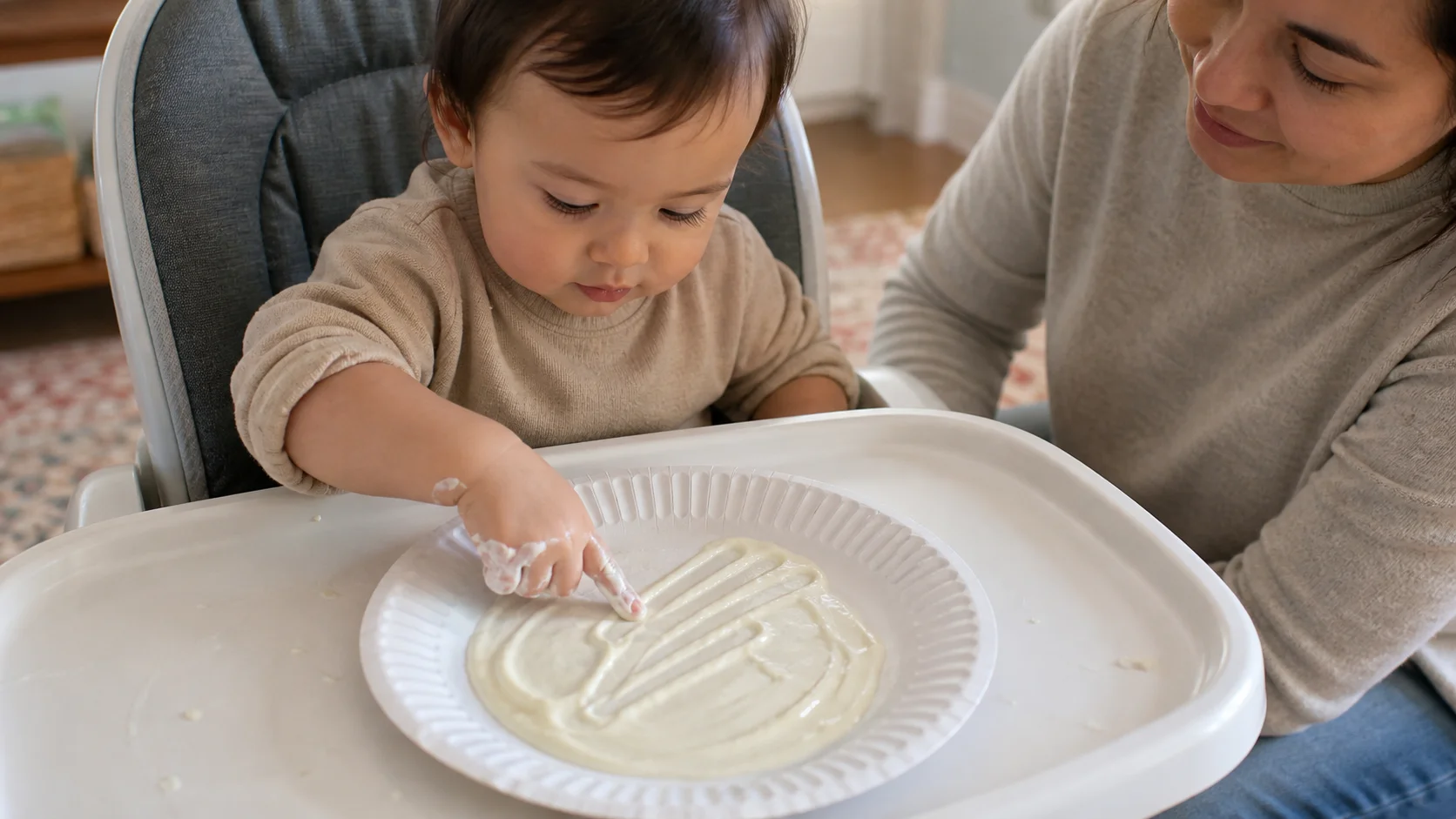 A toddler sitting at a tray and dragging fingers through a thin layer of pudding on a paper plate while a grown-up sits beside them.