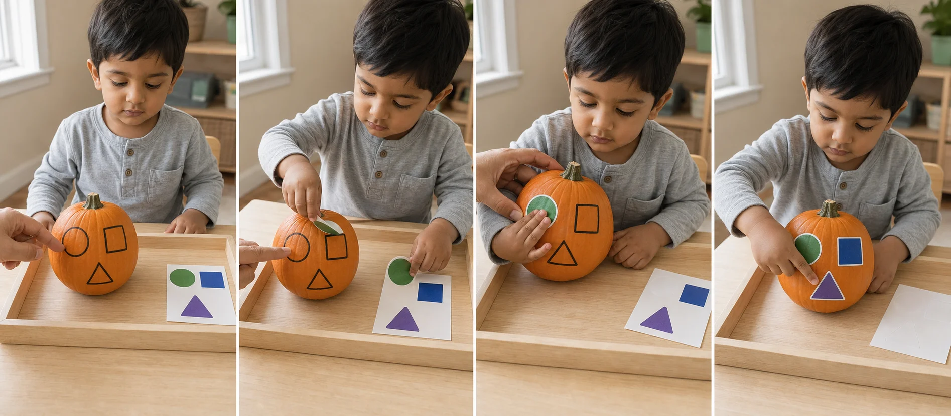 Multi-panel sequence showing a small pumpkin with drawn shapes, a toddler peeling one sticker, matching it to the pumpkin, and pressing it flat.
