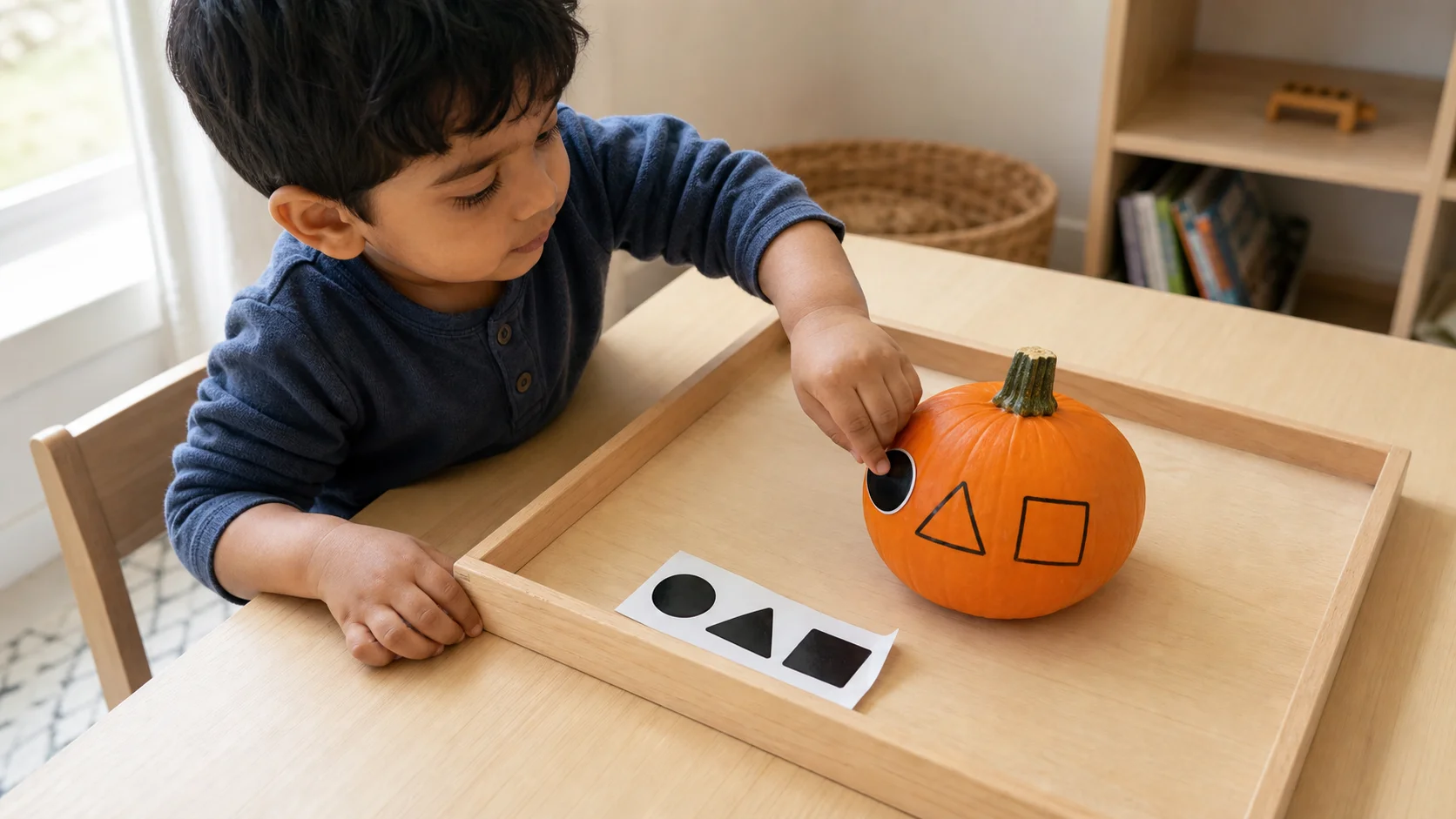 Toddler pressing a large shape sticker onto a matching shape drawn on a small pumpkin at a table.