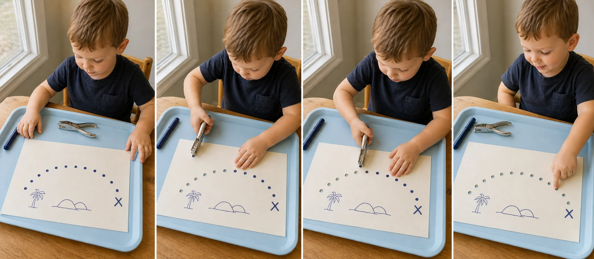 Sequence showing a prepared paper treasure map, the first dot aligned in a hole punch, punched holes advancing along the trail, and the finished path reaching the X